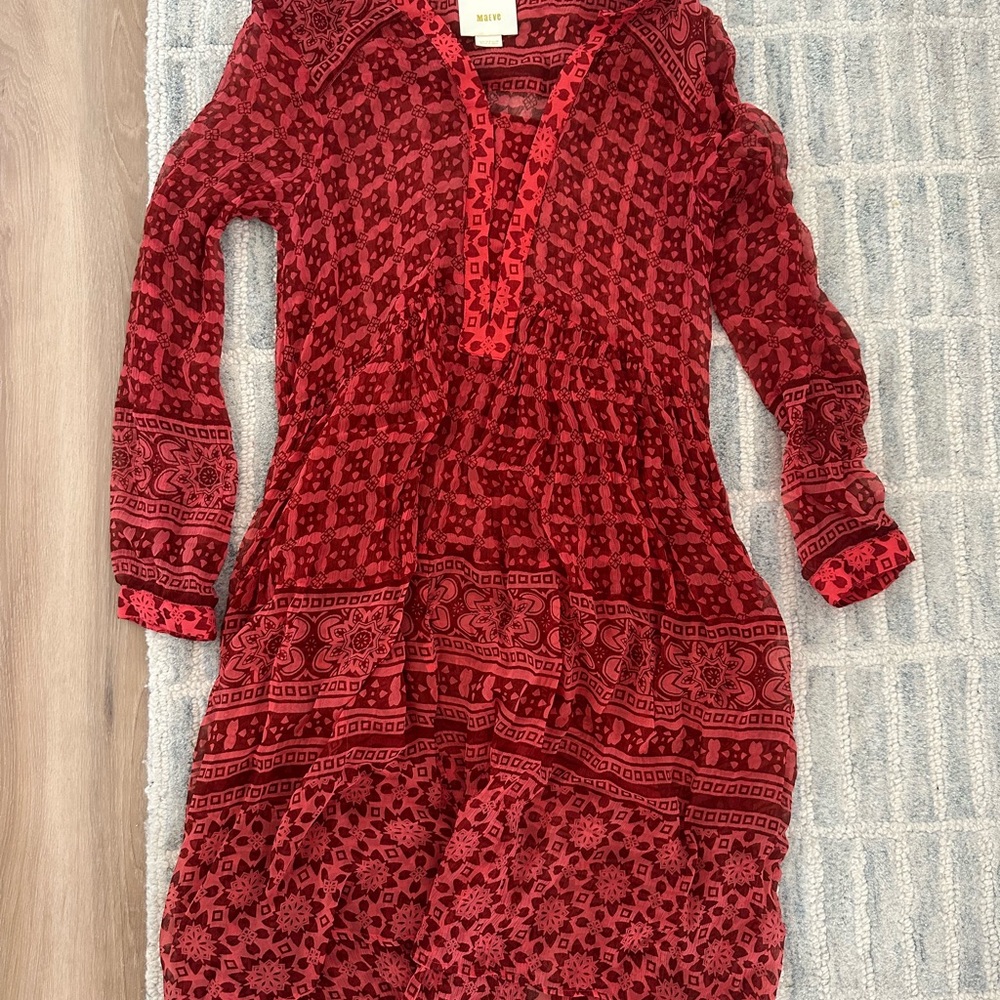 Anthropologie Sheer Red Long Sleeve Sundress with V-Neck